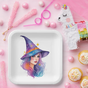 Colourful Witch Drawing Halloween Paper Plate