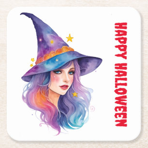 Colourful Witch Drawing Halloween  Square Paper Coaster