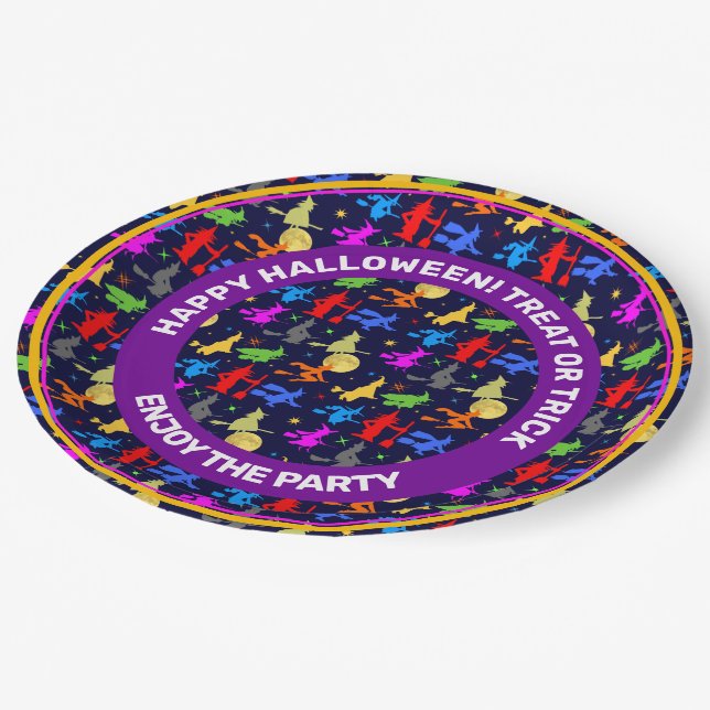 Colourful Witches Fly At Night Halloween Pattern Paper Plate (Angled)