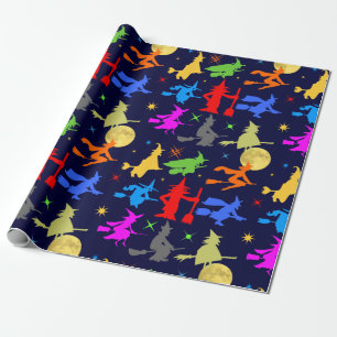 Colourful Witches Fly At Night Halloween Pattern Wrapping Paper