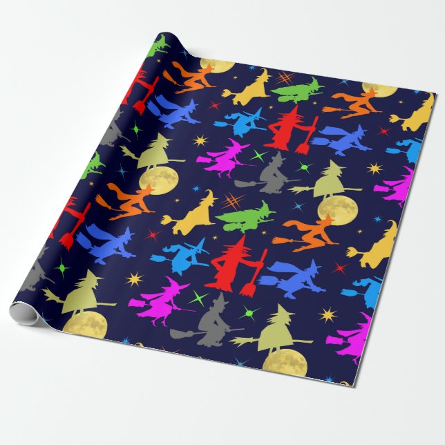 Colourful Witches Fly At Night Halloween Pattern Wrapping Paper (Unrolled)