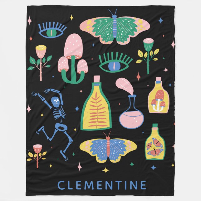Colourful Witchy Magic Potion Personalized Black Fleece Blanket (Front)