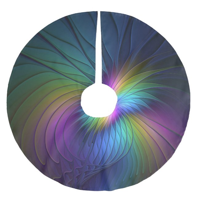 Colourful With Blue Modern Abstract Fractal Art Brushed Polyester Tree Skirt (Front)
