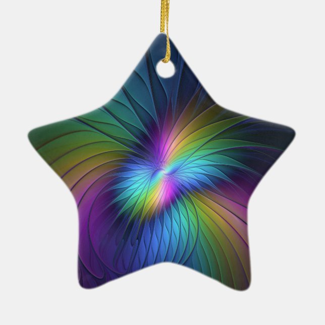 Colourful With Blue Modern Abstract Fractal Art Ceramic Ornament (Back)