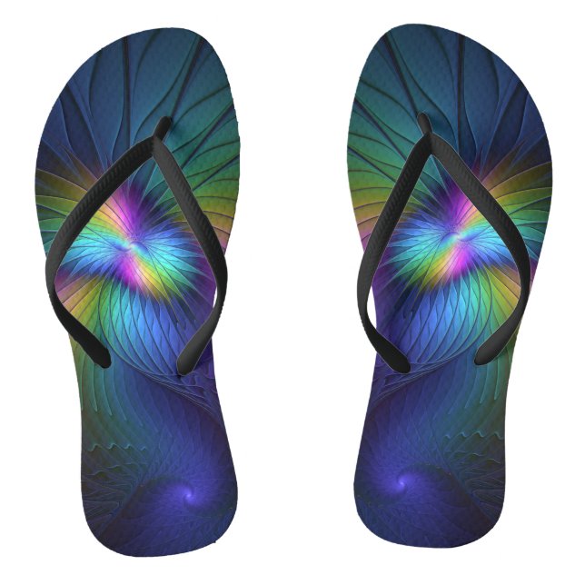 Colourful With Blue Modern Abstract Fractal Art Flip Flops (Footbed)