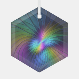 Colourful With Blue Modern Abstract Fractal Art Glass Ornament