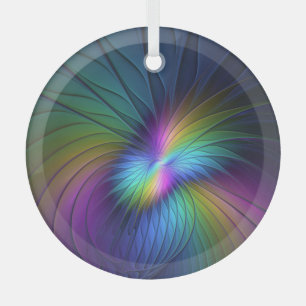 Colourful With Blue Modern Abstract Fractal Art Glass Ornament
