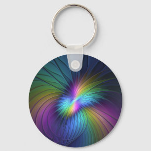 Colourful With Blue Modern Abstract Fractal Art Keychain