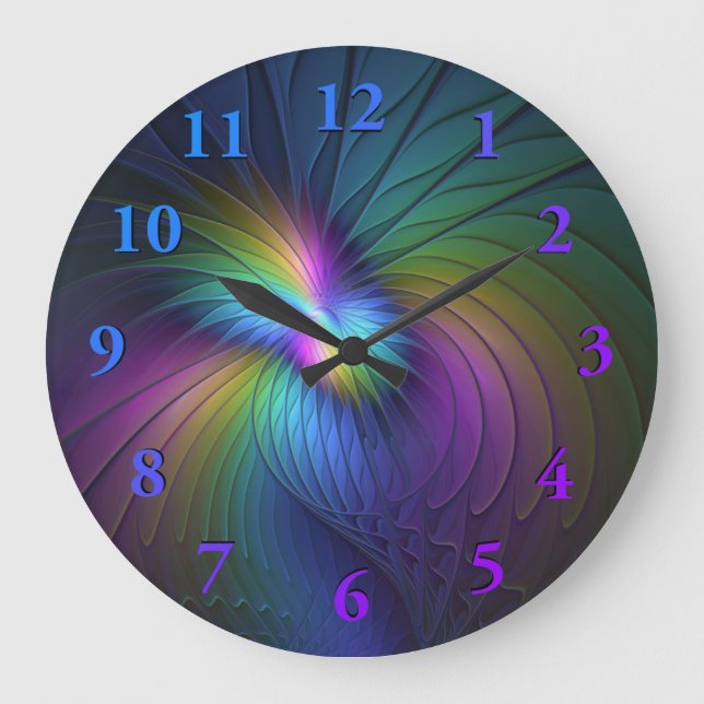 Colourful With Blue Modern Abstract Fractal Art Large Clock (Front)