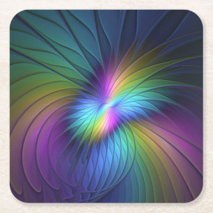 Colourful With Blue Modern Abstract Fractal Art Square Paper Coaster