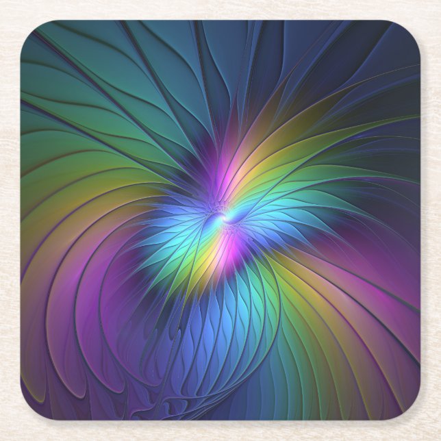 Colourful With Blue Modern Abstract Fractal Art Square Paper Coaster (Front)