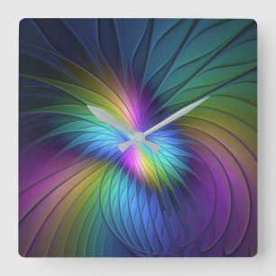 Colourful With Blue Modern Abstract Fractal Art Square Wall Clock