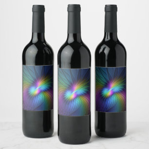 Colourful With Blue Modern Abstract Fractal Art Wine Label