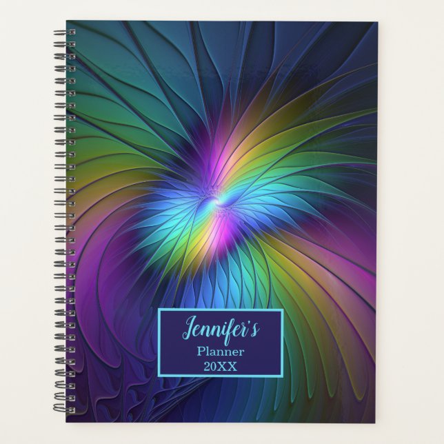 Colourful With Blue Modern Abstract Fractal Name Planner (Front)