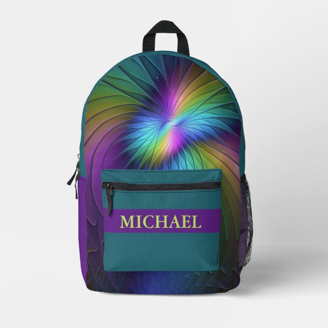 Colourful With Blue Modern Abstract Fractal Name Printed Backpack (Front)