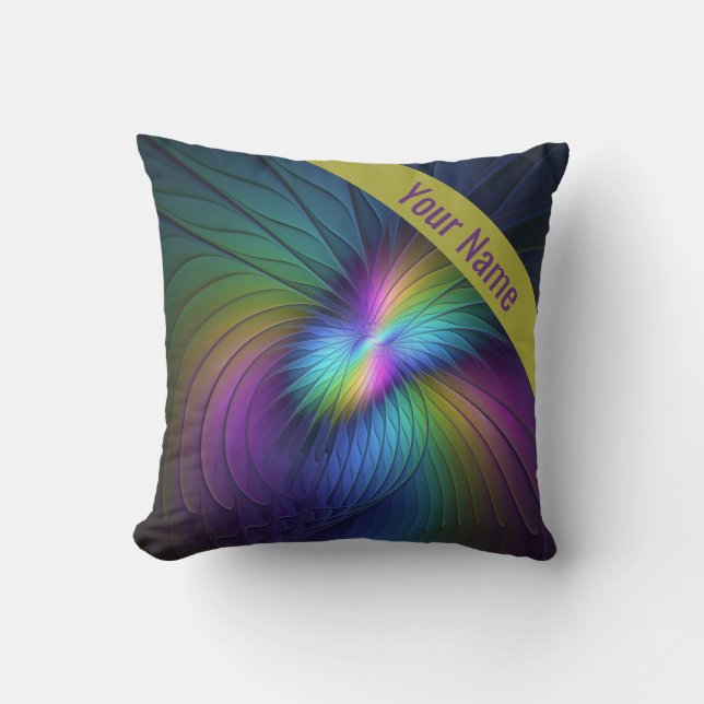 Colourful With Blue Modern Abstract Fractal Name Throw Pillow (Front)