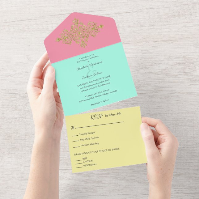 Colourful with Gold Wedding All In One Invitation (Tearaway)