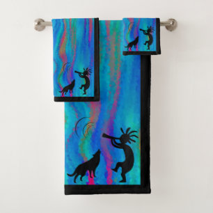 Colourful Wolf and Kokopelli Bath Towel Set