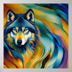 Colourful Wolf and Mountain Waves Poster