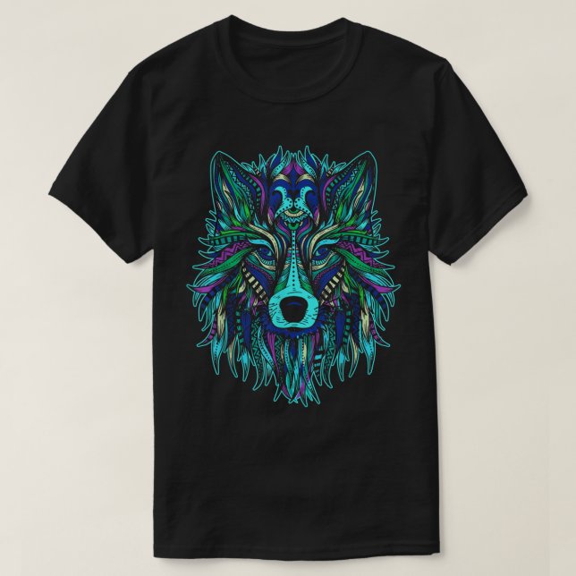 Colourful Wolf Head Tee Trendy Tribal Art (Design Front)