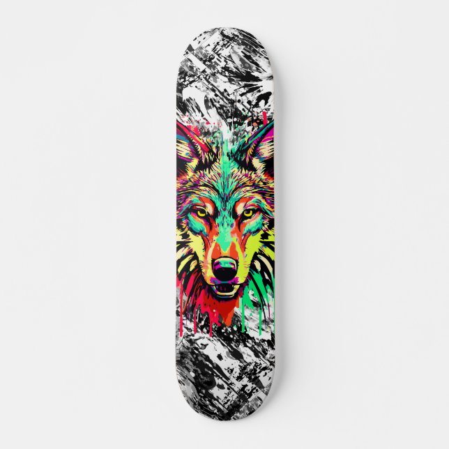 Colourful Wolf Head - Wolf Skateboard Deck (Front)
