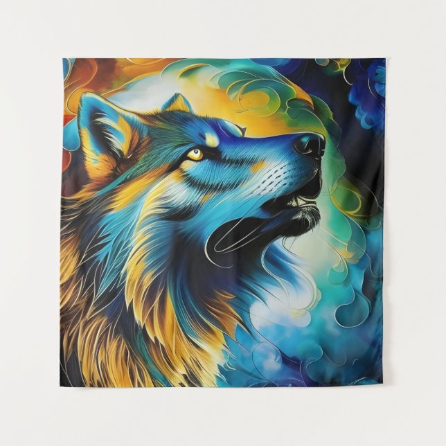 Colourful Wolf Howl Tapestry (Front)
