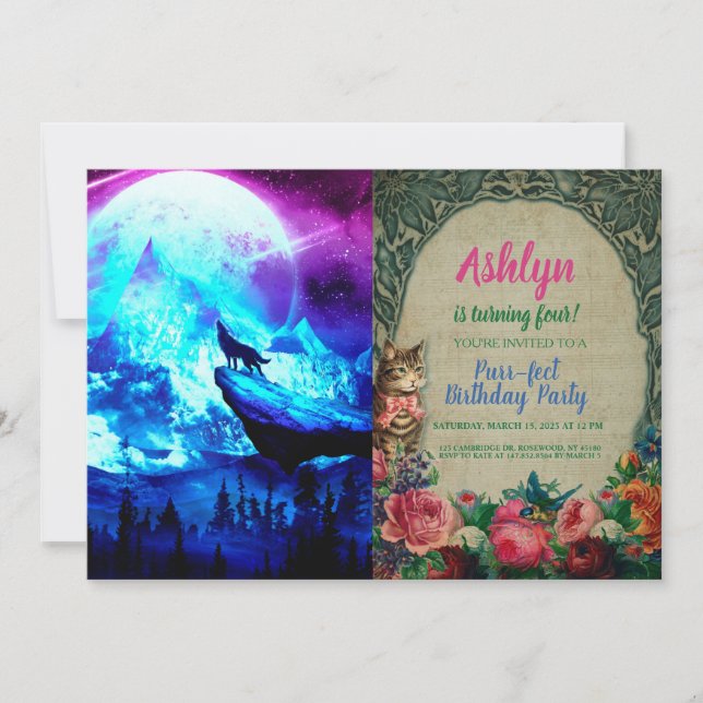 Colourful wolf howling invitation (Front)