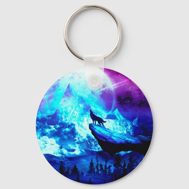 Colourful wolf howling keychain (Front)