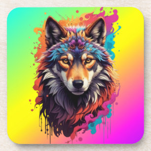Colourful Wolf Portrait Abstract Animal Art-87694 Coaster