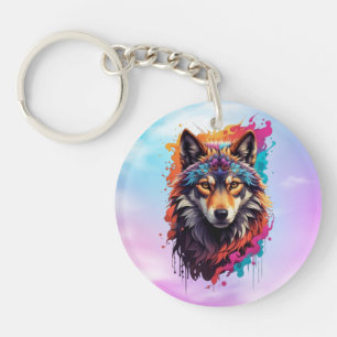 Colourful Wolf Portrait Abstract Animal Art-87694 Keychain