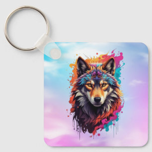 Colourful Wolf Portrait Abstract Animal Art-87694 Keychain