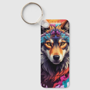Colourful Wolf Portrait Abstract Animal Art-87694 Keychain