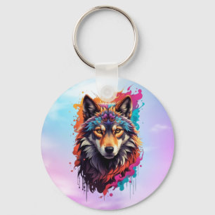 Colourful Wolf Portrait Abstract Animal Art-87694 Keychain