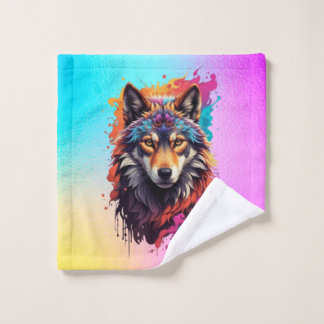 Colourful Wolf Portrait Abstract Animal Art-87694 Wash Cloth