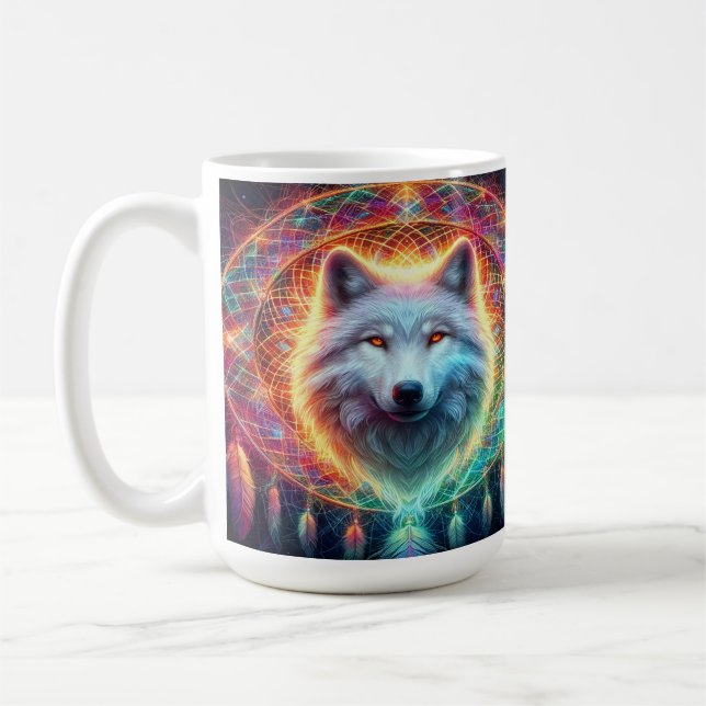 Colourful Wolf Portrait with Dreamcatcher Coffee Mug (Left)