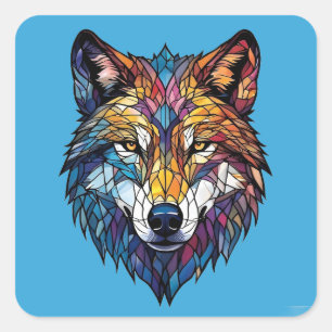 Colourful Wolf Silhouette in Mosaic Stained Glass Square Sticker