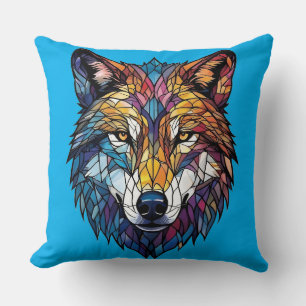 Colourful Wolf Silhouette in Mosaic Stained Glass Throw Pillow