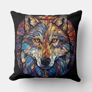 Colourful Wolf Silhouette in Mosaic Stained Glass Throw Pillow