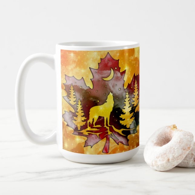 Colourful Wolf Silhouette With Night Sky Design Coffee Mug (With Donut)