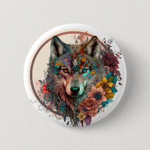 Colourful Wolf With Flowers 2 Inch Round Button