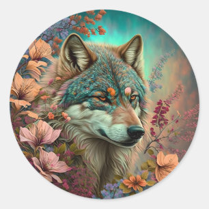 Colourful Wolf With Flowers Classic Round Sticker