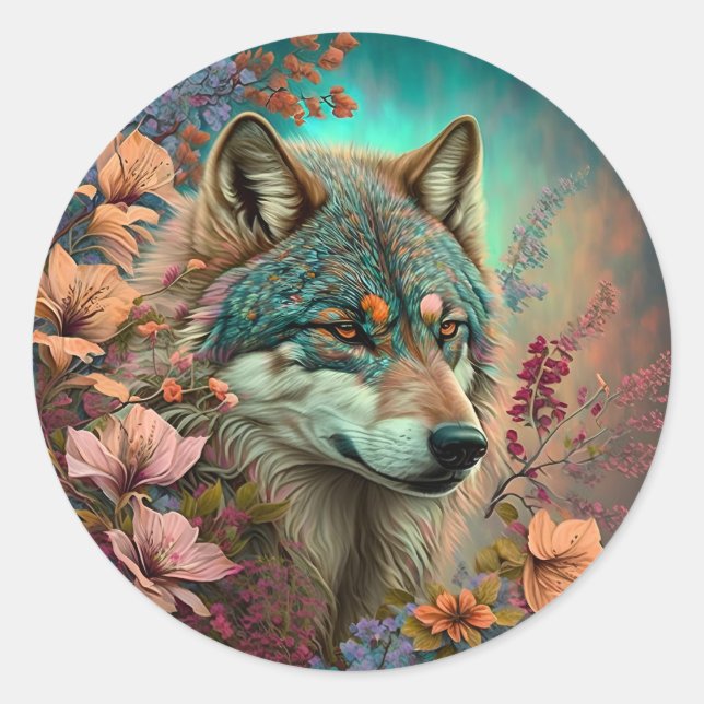 Colourful Wolf With Flowers Classic Round Sticker (Front)