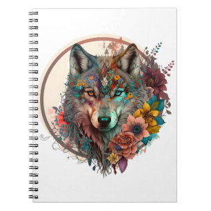 Colourful Wolf With Flowers Notebook