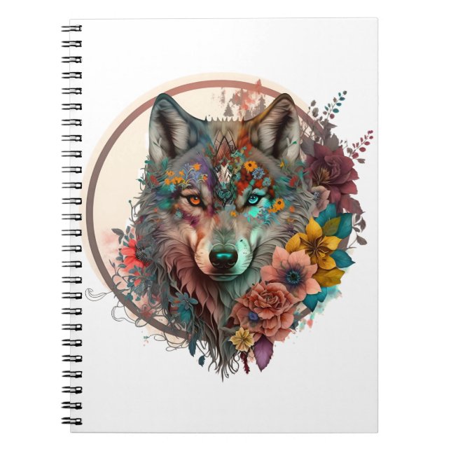 Colourful Wolf With Flowers Notebook (Front)