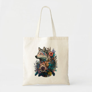 Colourful Wolf With Flowers Tote Bag