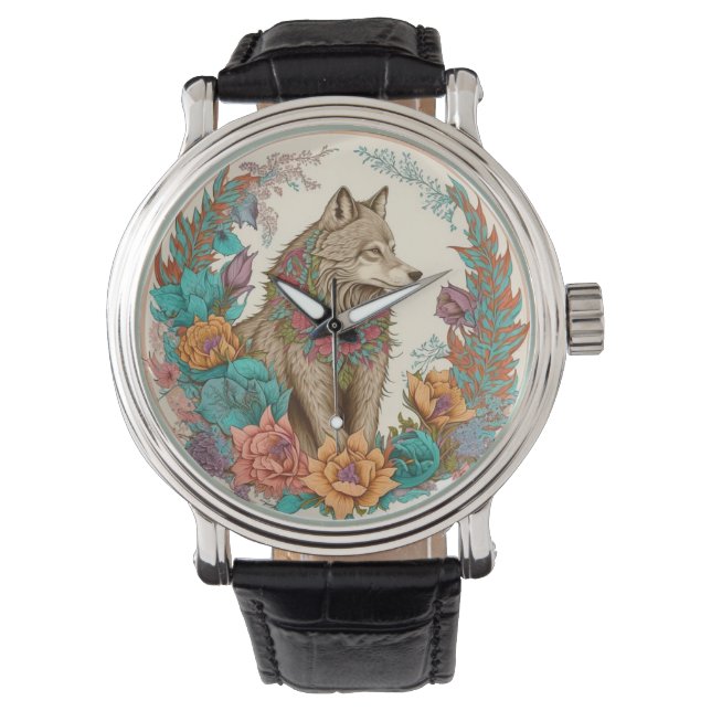 Colourful Wolf With Flowers Watch (Front)