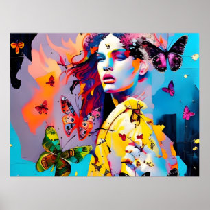 Colourful Woman and Butterflies Poster