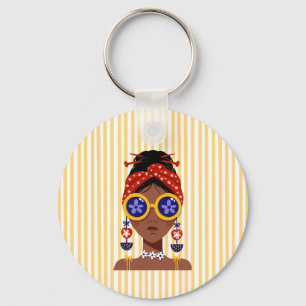 Colourful Woman Head Illustration on Yellow Stripe Keychain