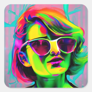 Colourful Woman in Sunglasses Modern Art Square Sticker