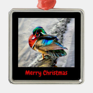 Colourful Wood Duck Merry Christmas Framed Metal Ornament